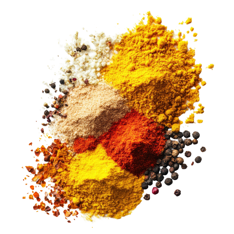 Aromatic spice powders including turmeric, paprika, and black pepper on a transparent background, Aromatic spices seasonings powder isolated on transparent background png