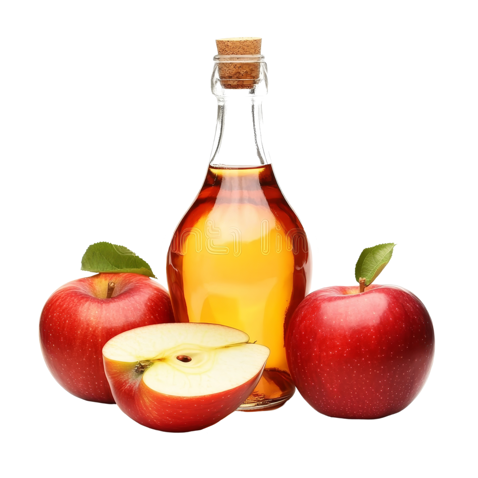 Bottle of apple cider vinegar surrounded by fresh red apples on a transparent background, Bottle of apple cider vinegar with fresh red apples png