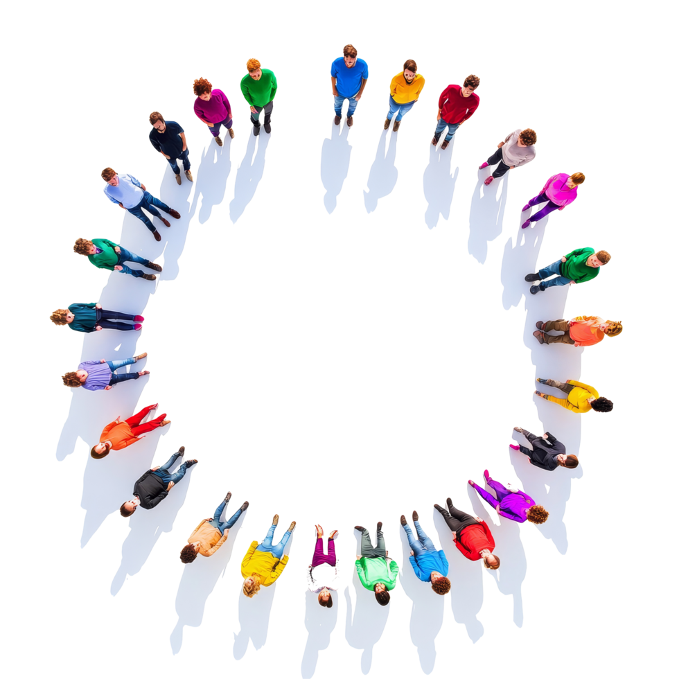 A vibrant circle of diverse individuals dressed in colorful attire standing on a transparent background, showcasing unity and community spirit, Colorful Diversity Circle of People on transparent png