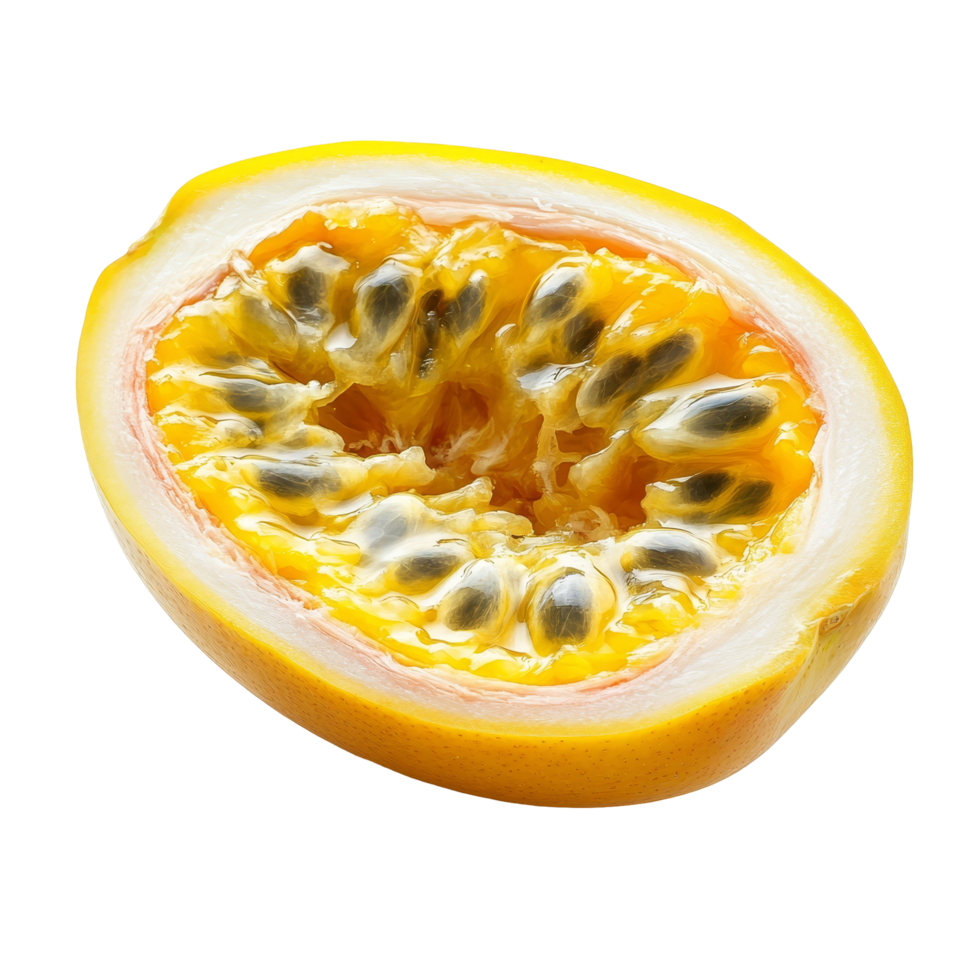 Vibrant yellow passion fruit slice showcasing juicy pulp and seeds against a clean transparent background, Slice Yellow passion fruit isolated on transparent background png