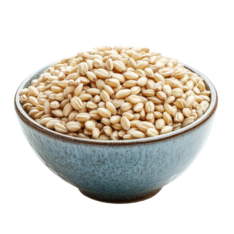 A bowl full of pearl barley on a transparent background showcasing this nutritious grain for culinary use, Heap of pearl barley in a bowl on transparent background png