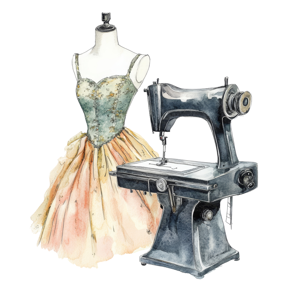 Creative watercolor illustration of a vintage sewing machine and stylish dress design on a transparent background, fashion floral sewing illustration transparent background png