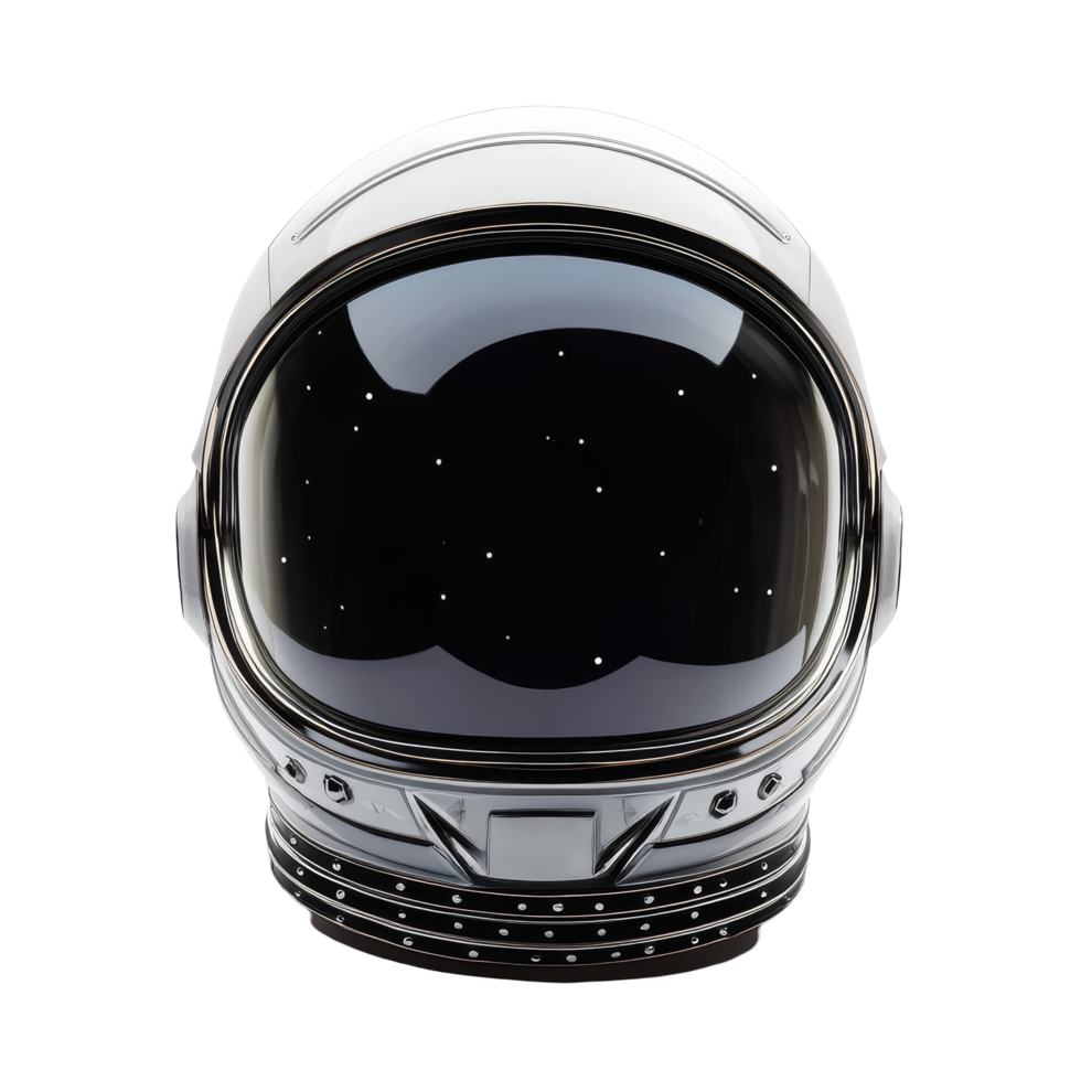 A detailed spacesuit helmet against a transparent background showcasing a reflective visor and sleek design, Spacesuit helmet transparent background png
