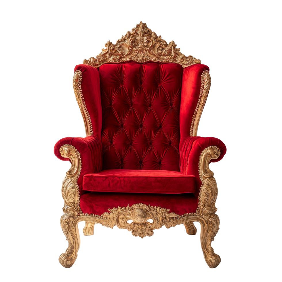 Elegant red royal throne chair with intricate gold detailing against a minimalist transparent background, Red Royal Throne Chair on transparent background png