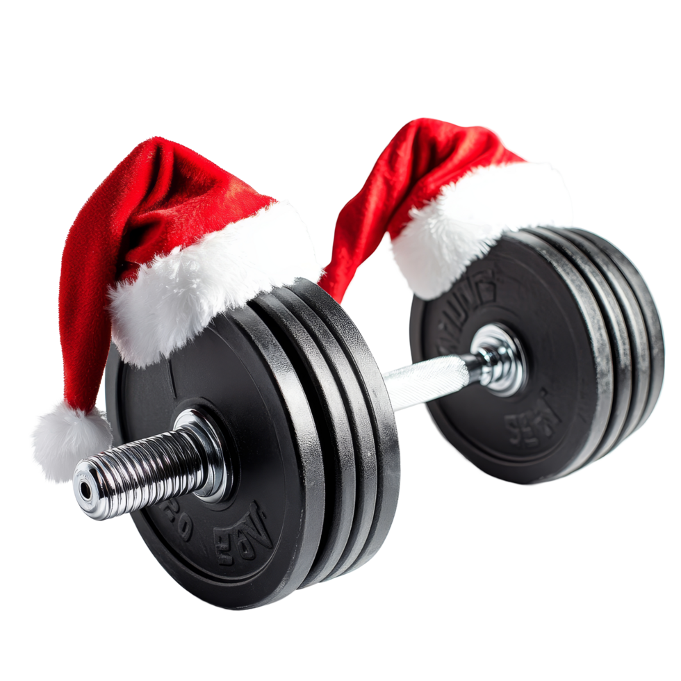 Festive dumbbells adorned with Santa hats on a clean transparent background for holiday fitness motivation, Dumbbells with Santa Hats on transparent background Christmas Gift png