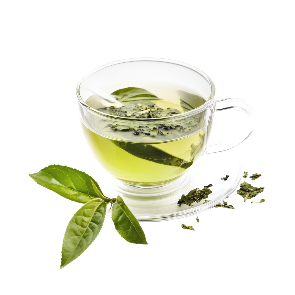 A clear glass cup filled with freshly brewed green tea and leaves on a transparent background bringing a refreshing vibe, green tea on transparent background png