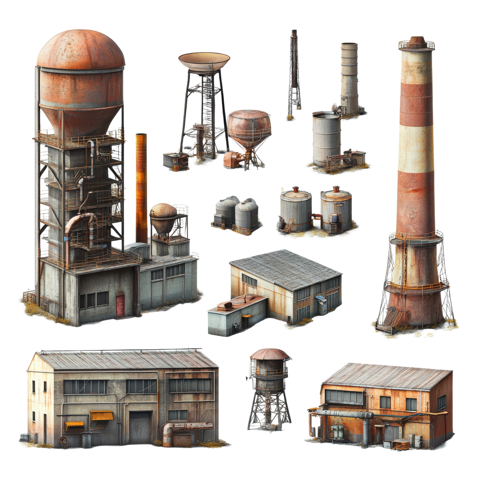 Local power plant elements including cooling towers, storage tanks, and processing units in an industrial, Several elements and units that make up a local power station isolated on transparent png