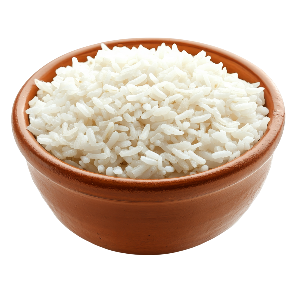 Cooked jasmine rice served in a ceramic bowl on a bright transparent background, showcasing the fluffy grains ready for enjoyment, Cooked Jasmin Rice in ceramic bowl on transparent background png