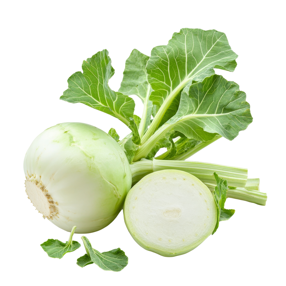 Fresh kohlrabi with vibrant green leaves displayed on a clean transparent background for culinary use, Fresh kohlrabi with green leaves on transparent background png