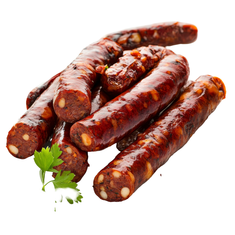 Delicious Chinese sausage displayed on a clean transparent background, highlighting its rich color and texture ideal for culinary uses, chinese sausage on transparent backgroundfile png