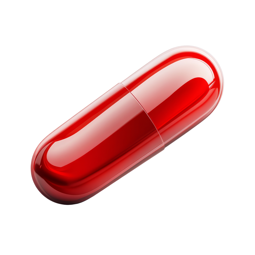 Bright red medical capsule tablet isolated on a clean transparent background for health and pharmaceutical use, Medical pill tablet isolated on transparent background png