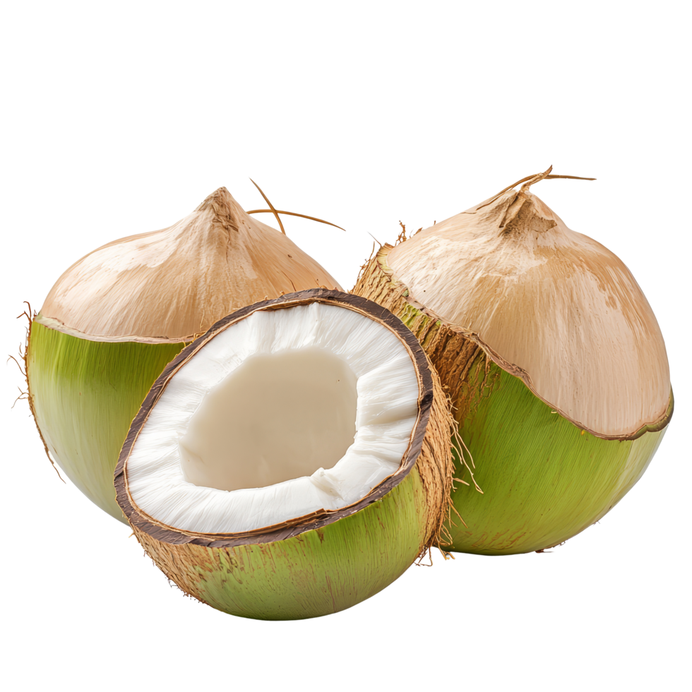 Fresh young coconuts isolated on a transparent background, perfect for tropical drinks and culinary use, young coconut nuts isolated on transparent background png