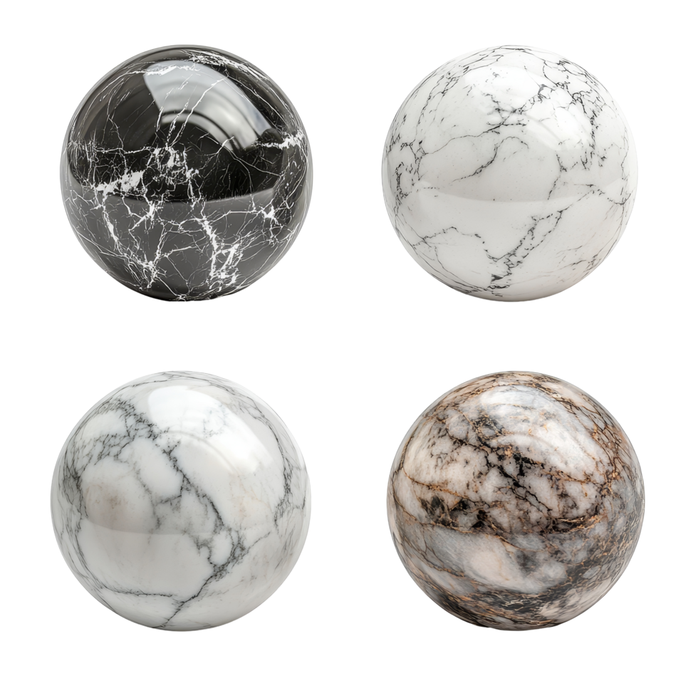 Elegant marble spheres in various colors showcasing unique patterns isolated on a clean transparent background, marble spheres isolated on transparent background png