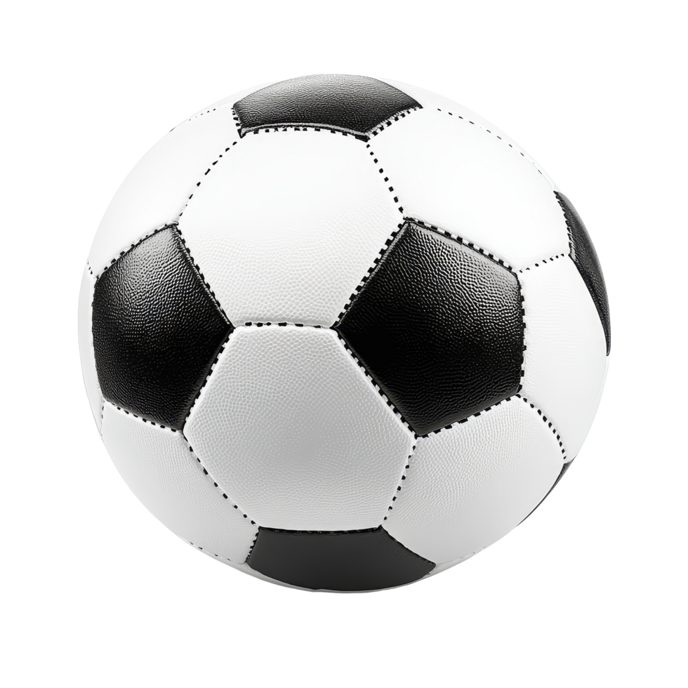 A classic black and transparent soccer ball resting on a smooth transparent surface, typical black and transparent soccer ball isolated on transparent background png