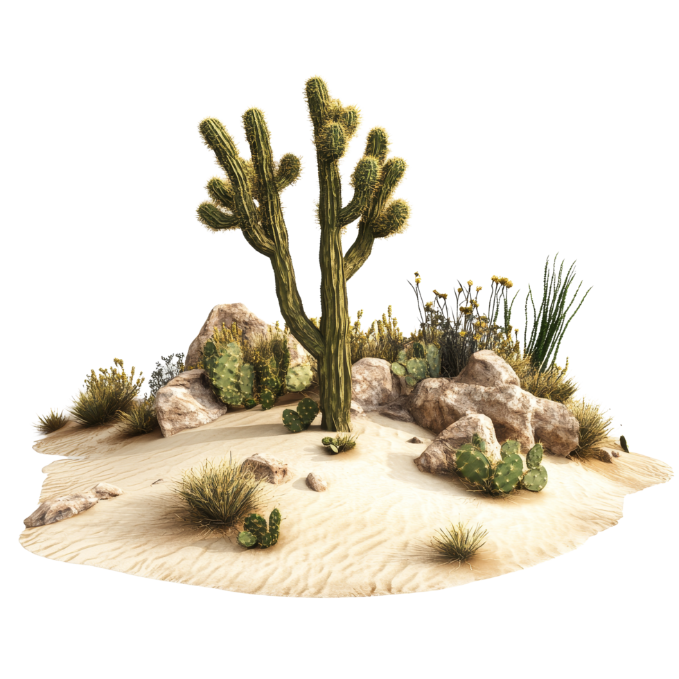 A vibrant desert landscape showcasing cacti and rocks against a clean transparent background in hues, Desert on transparent background png