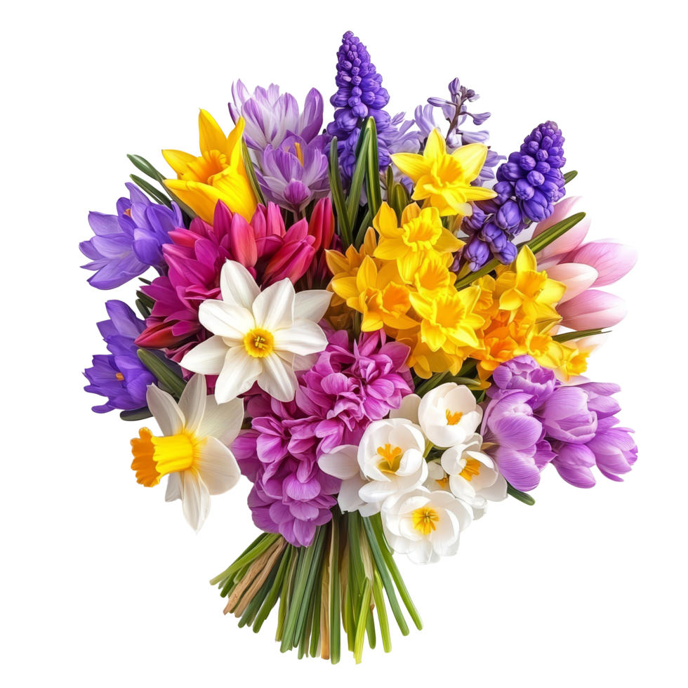 Colorful bouquet of daffodils, crocuses, and hyacinths arranged beautifully for spring celebrations, Daffodils, Crocuses, and Hyacinths flowers bouquet,isolated transparent background png