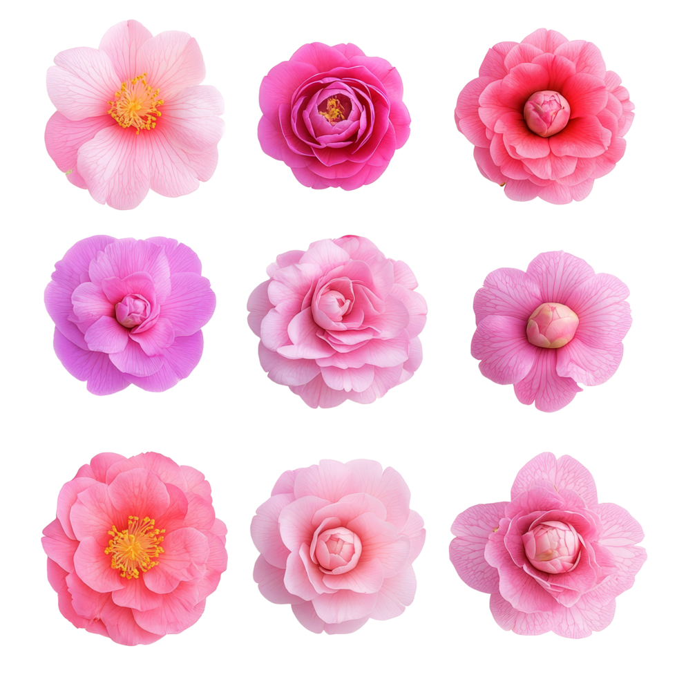 Beautiful top view of various camellia flowers in shades of pink and transparent on a light background, various single camellia flower top view and with isolated on transparent background png