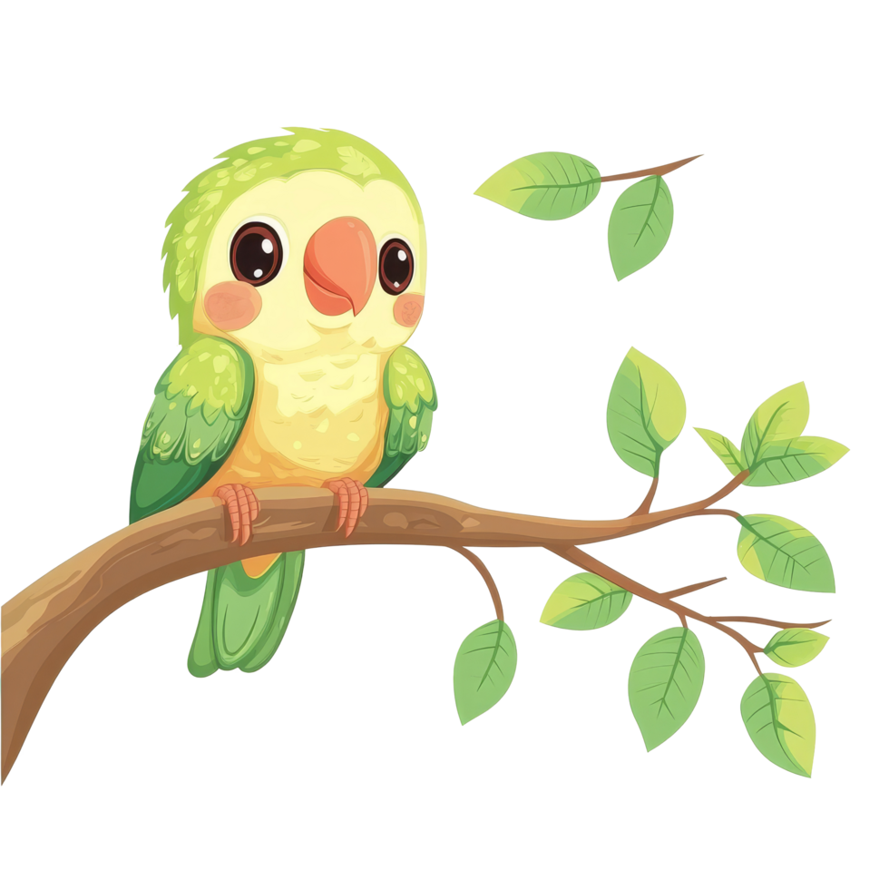 A cute baby parrot perched on a branch surrounded by green leaves against a transparent background in a vibrant and playful setting, Cute baby parrot on tree branch transparent background png