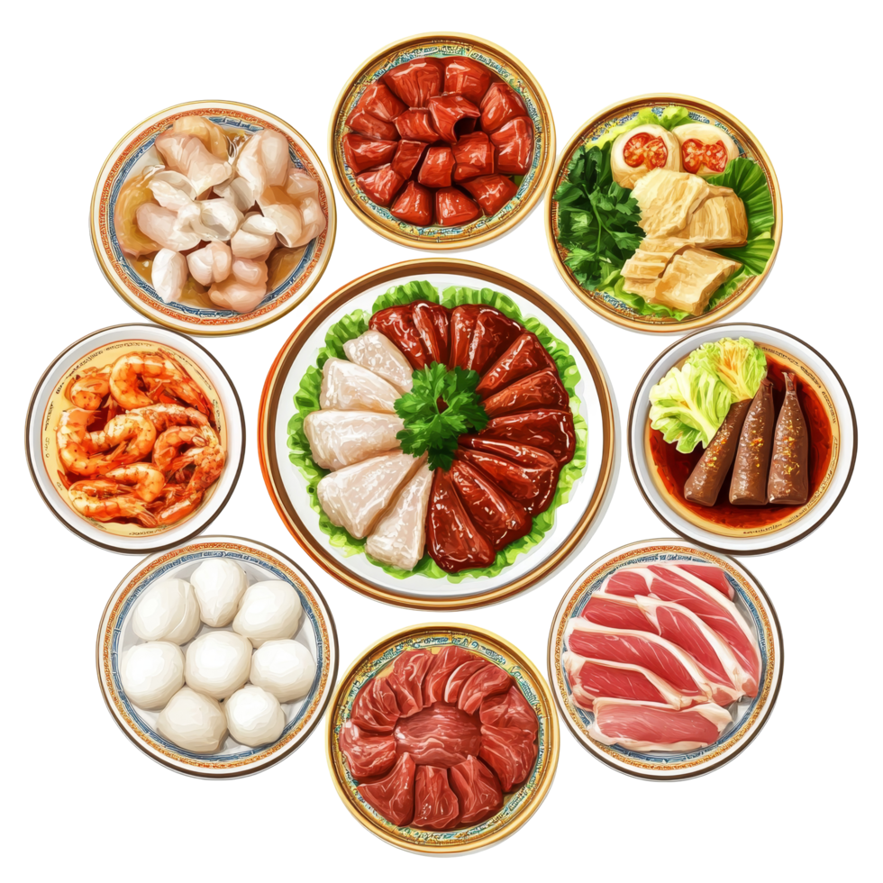 A delightful arrangement of peking duck and assorted delicacies served on ornate plates, perfect for an upscale dining experience, top view delicious peking duck food plate on a transparent background png