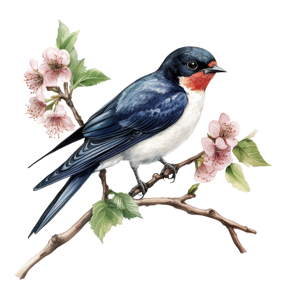 Detailed botanical illustration of a swallow bird perched on a flowering branch against a transparent background, Swallow Bird Botanical Illustration on transparent background png