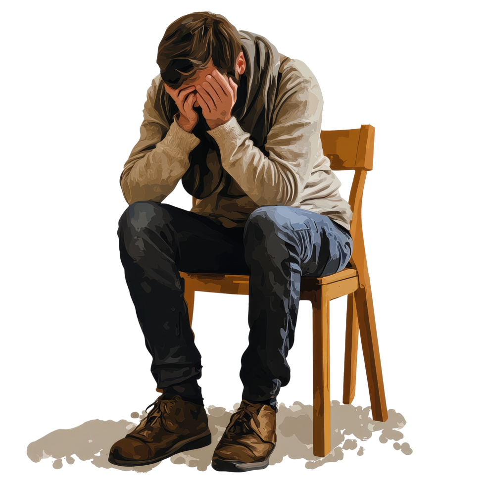 Patient sitting on a chair with a scarf, experiencing symptoms of cold and flu indoors, file no background Patient with cold and flu sitting on a chair png
