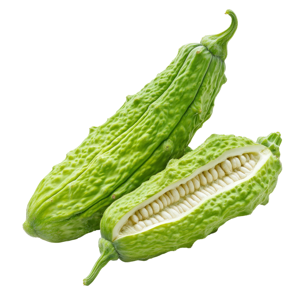 Fresh bitter gourd cut open showing texture on a transparent background, Bitter gourd isolated on transparent background png