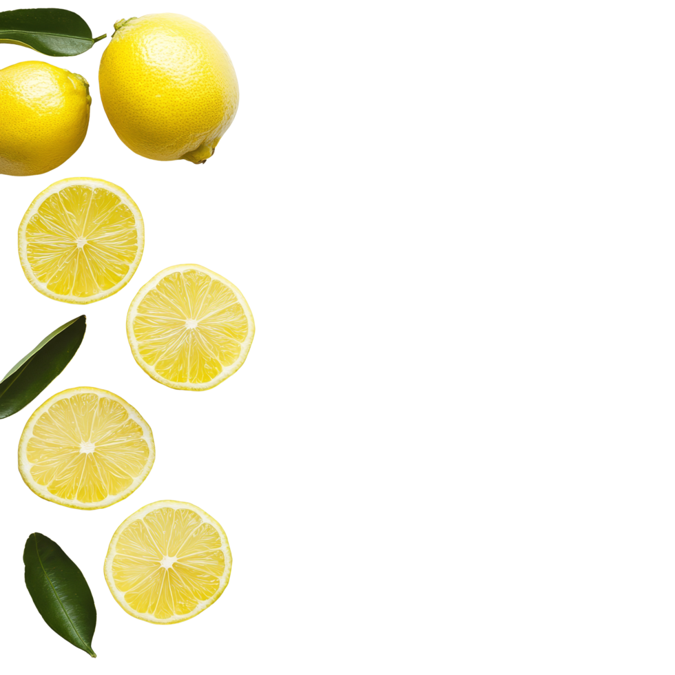 Fresh yellow lime slices on a transparent background with whole limes and green leaves captured in natural light, yellow lime on transparent background png