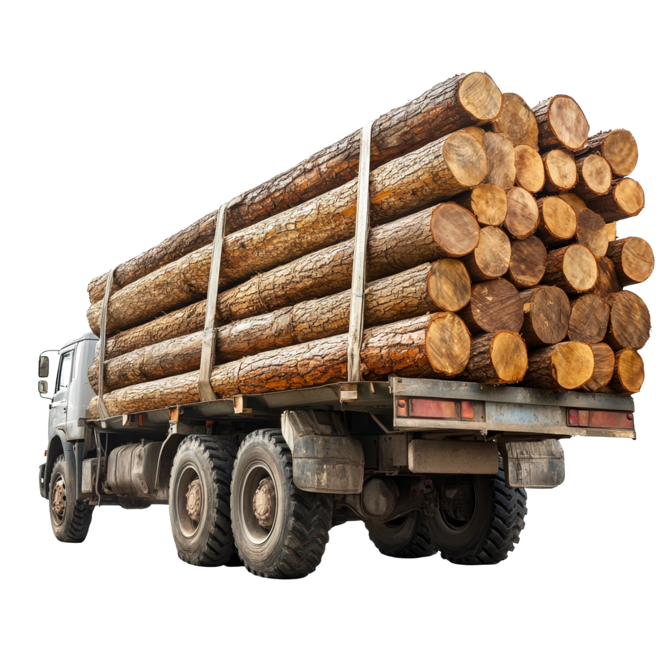 Side view of a logging truck fully loaded with freshly harvested logs in a forested area under clear blue skies, Side View of Logging Truck, Loaded with Logs, Isolated on transparent background png