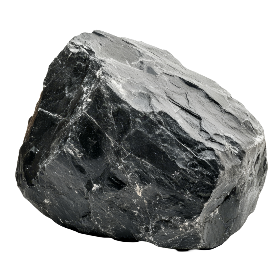 A striking black boulder rock isolated on a pure transparent background highlighting natural texture, black boulder rock or big stone isolated on transparent background cutout png
