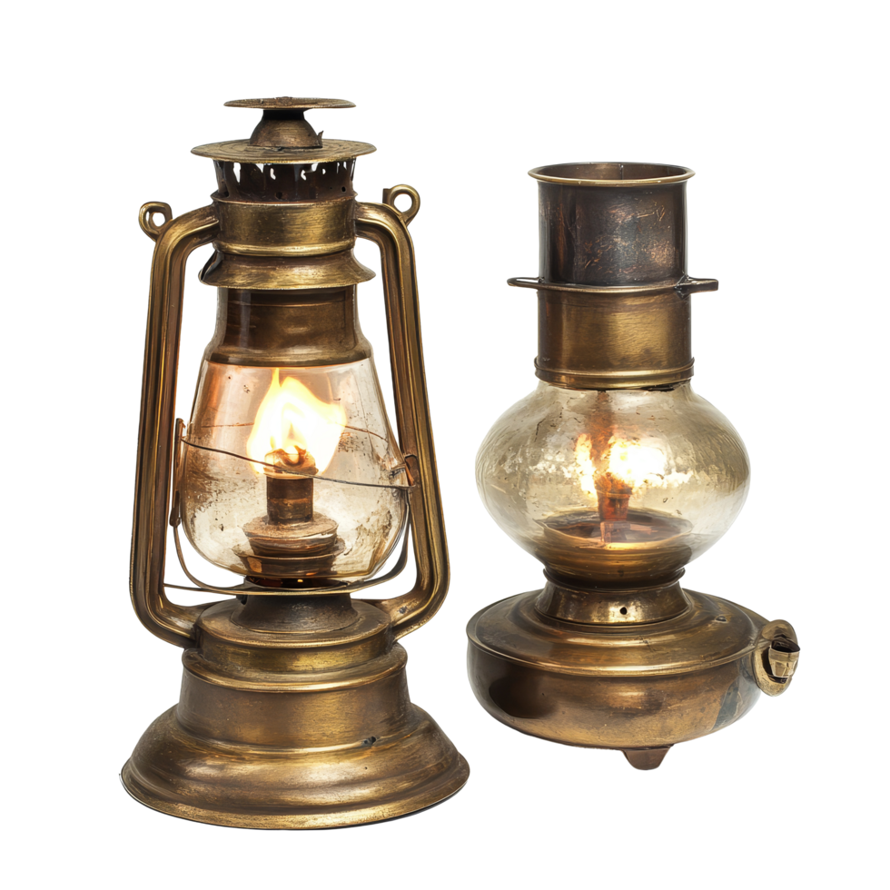 Vintage oil lamps casting warm light against a transparent backdrop, showcasing intricate designs and historical craftsmanship, Vintage Oil Lamps on transparent background png