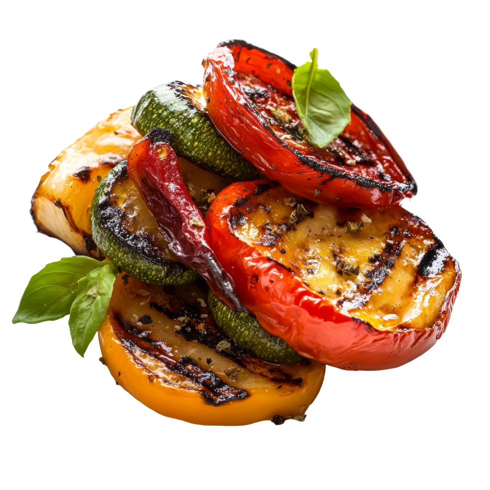 Grilled zucchini, bell peppers, and eggplant served on a plate with fresh basil leaves, Isolated portion of grilled vegetables png