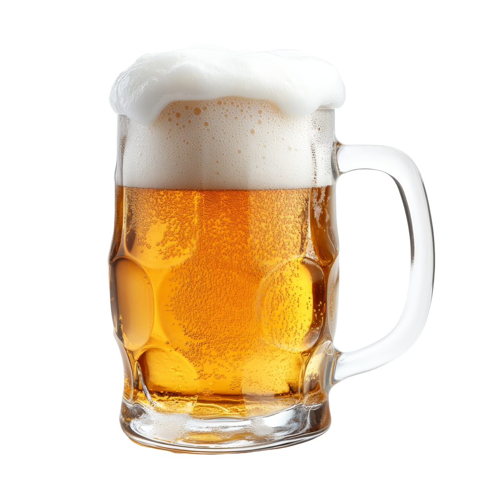 Refreshing mug of freshly poured beer with a thick foam cap, isolated on a transparent background, Mug fresh beer with cap of foam isolated on transparent background png