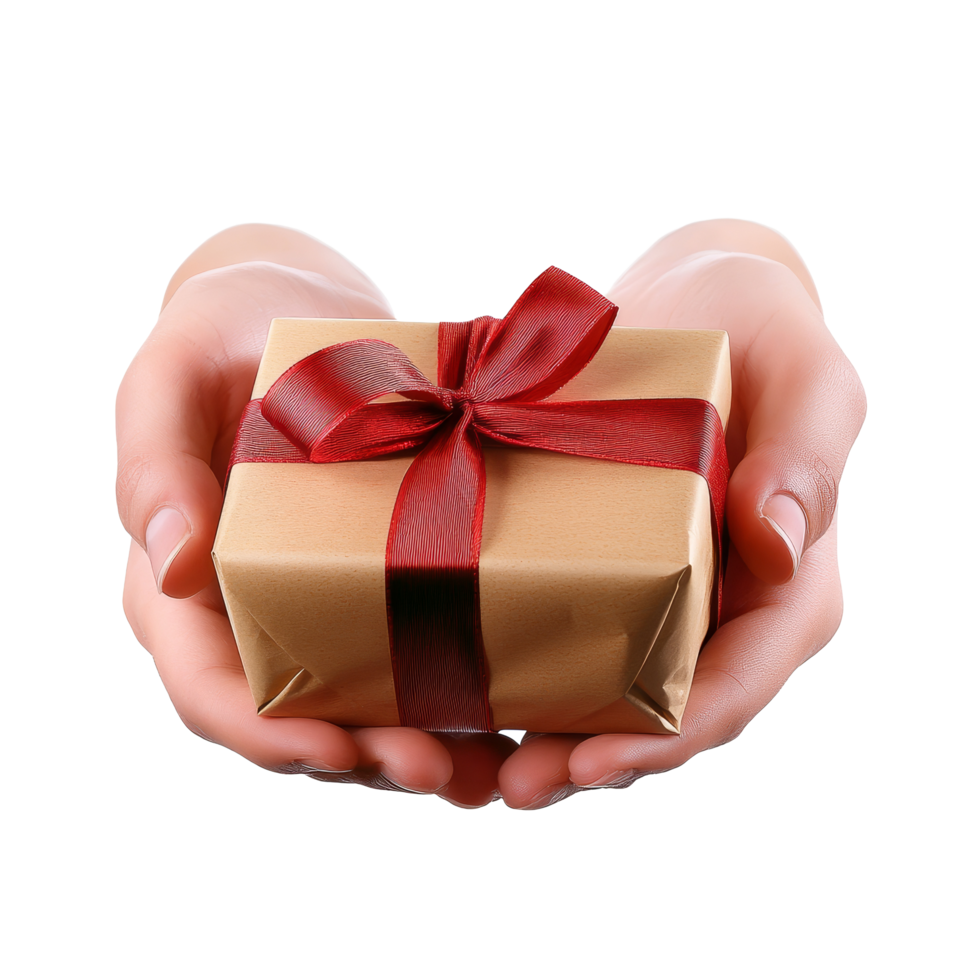 A person presents a beautifully wrapped gift with a red ribbon on a bright transparent background, perfect for celebrations, Giving a gift on transparent background png