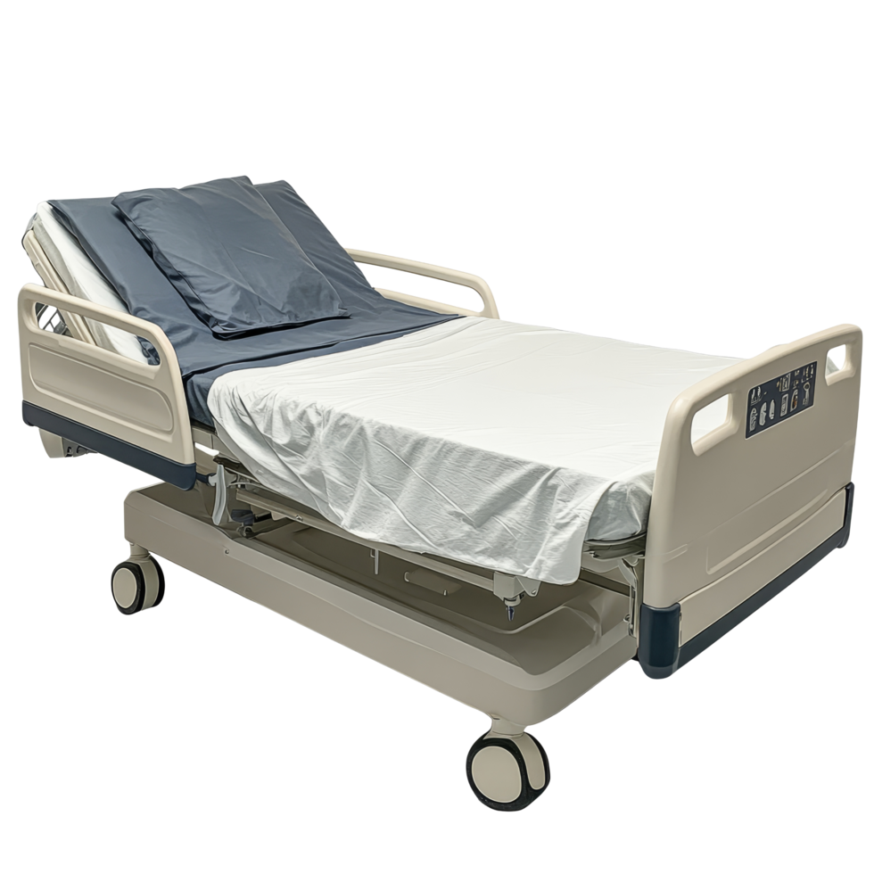 A modern hospital patient bed positioned against a transparent background, ready for use by healthcare professionals, patient bed on transparent background png