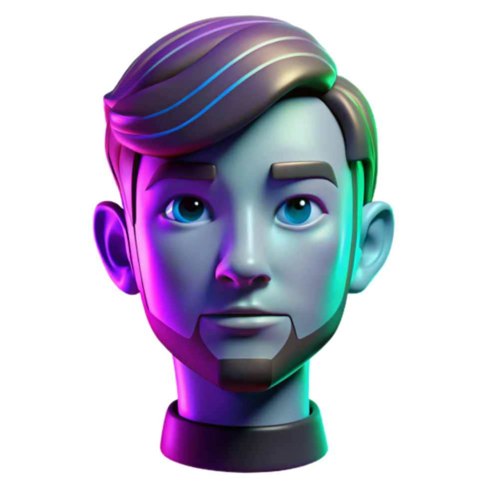 Stylized Male Head Avatar, Colorful Neon Light, Cartoon Character Design, Digital Illustration, Young Man Portrait, Abstract Render, Headshot Graphic Resource, Vibrant Color Palette, Stylish Hairstyle png