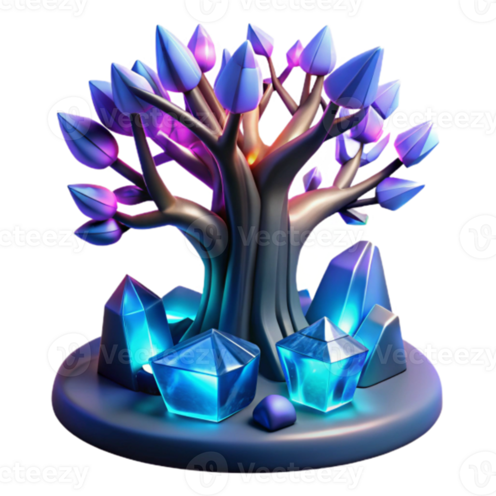 Glowing Crystal Tree Render, Fantasy Illustration, Magical Tree with Blue Crystals, Enchanted Forest Scene, Mystic Artwork, Digital Art, Game Asset, Fantasy Background, Model, Surreal Tree png