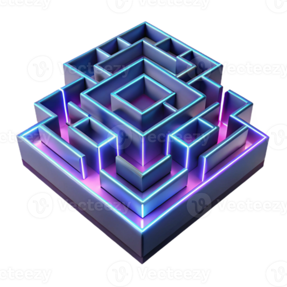 Neon Maze Illustration - Complex Puzzle Design, Abstract Geometric Pattern, Glowing Labyrinth, Intricate Pathways, Cyberpunk Style, Futuristic Maze, Render, Blue Purple Gradient png