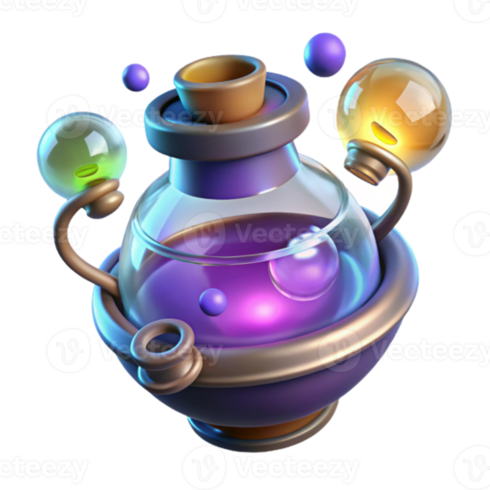 Render of Magical Potion Flask Glowing Bubbles and Steampunk Design png