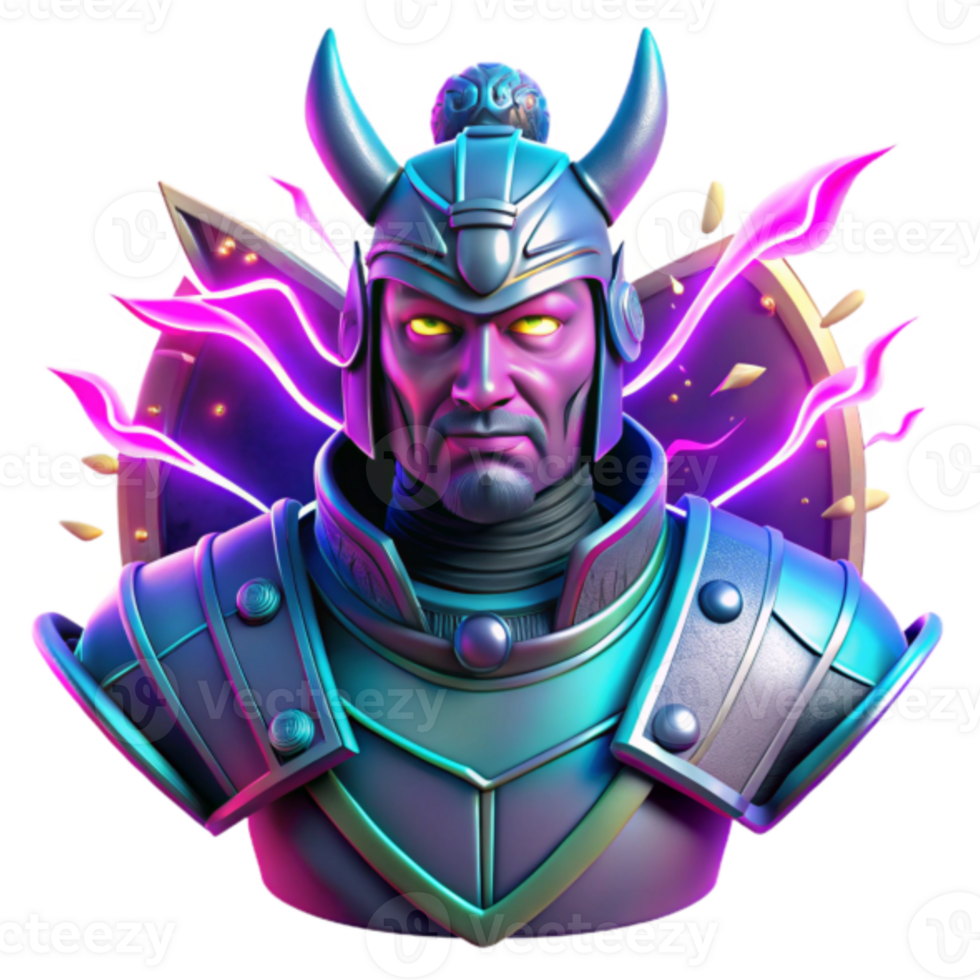Neon Warrior Bust Render Fantasy Armor, Cyberpunk Style, Glowing Effects, Digital Art, Game Asset, Sci-fi Warrior, Purple and Teal Hues, Intricate Details, Powerful Pose, Model png