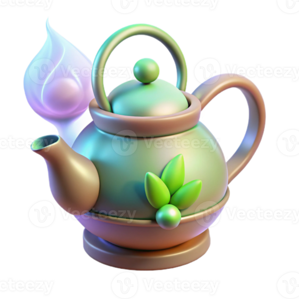 Enchanted Teapot Render A Magical Kettle Illustration with Green Leaves png