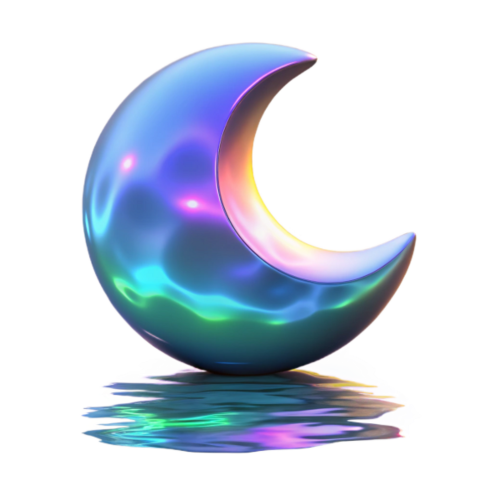 Iridescent Crescent Moon Render, Abstract Background, Digital Art, Neon Moon, Fantasy Illustration, Chromatic Moon, Shiny Crescent, Mystic Moon, Celestial Body, Night Sky Element png