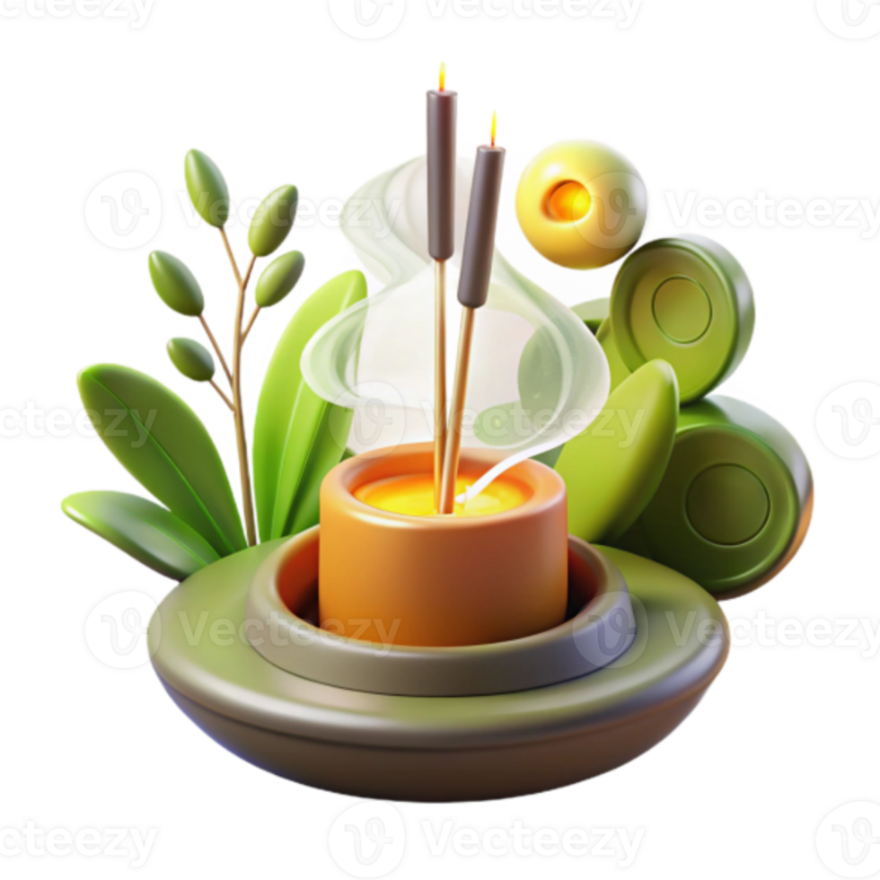 Serene Render of Incense Sticks and Candle with Lush Greenery png