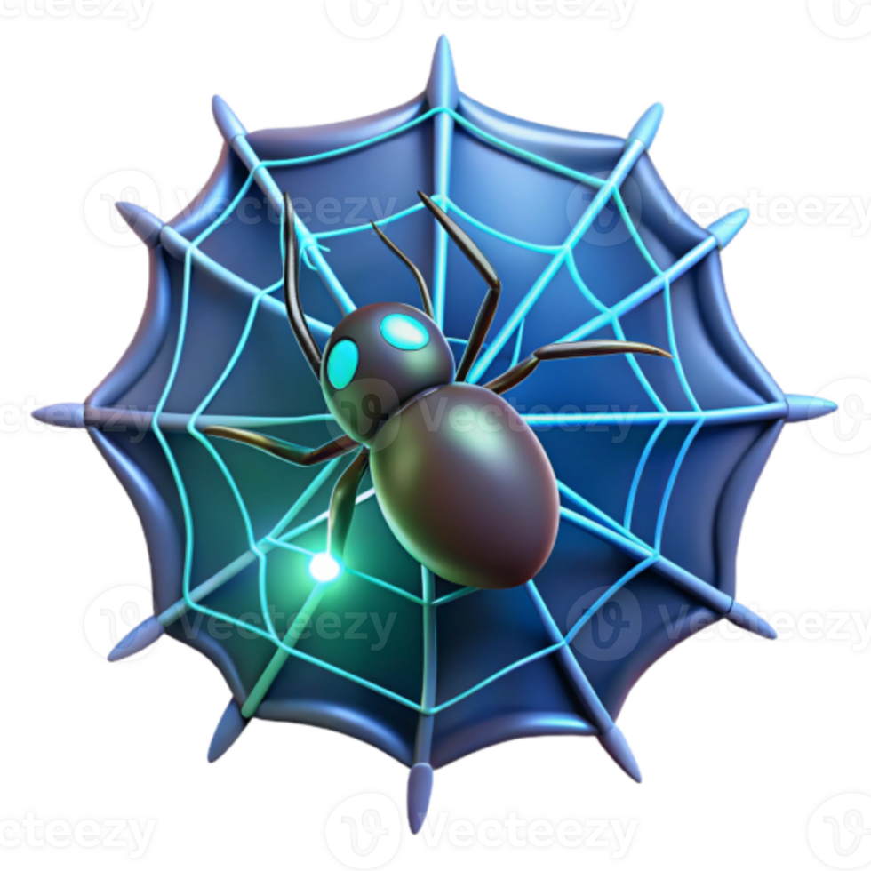 Render of a Spider on a Web, Glowing Blue Web Design Element, Halloween Decoration, Arachnid Illustration png