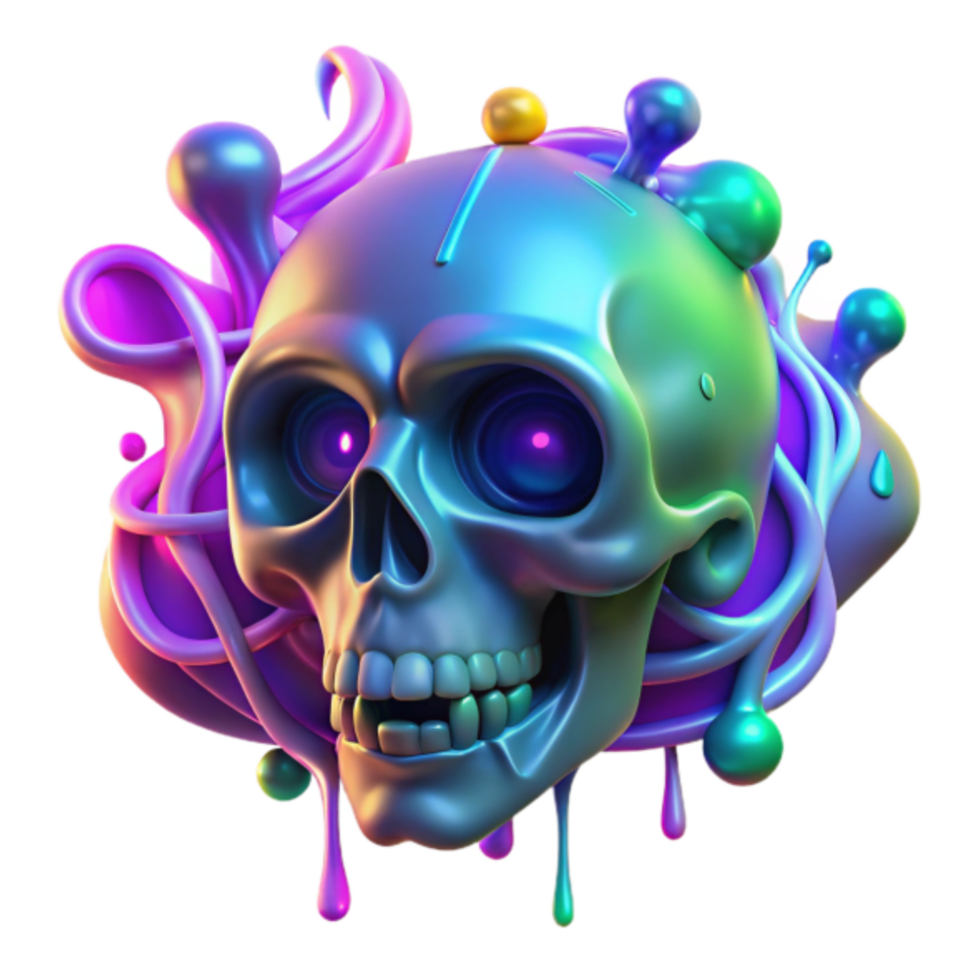 Render of Iridescent Skull with Abstract Colorful Paint Splashes png