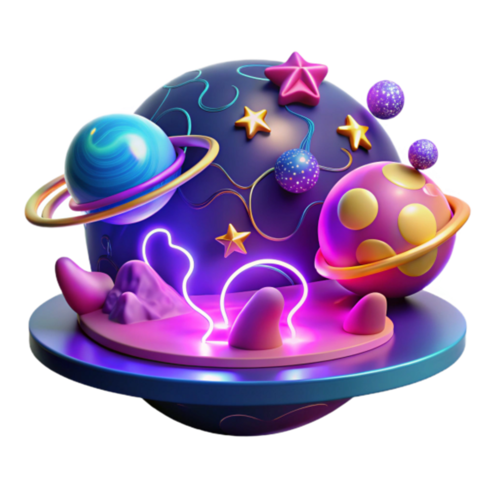 Vibrant Render of a Fantasy Planet with Neon Lights png
