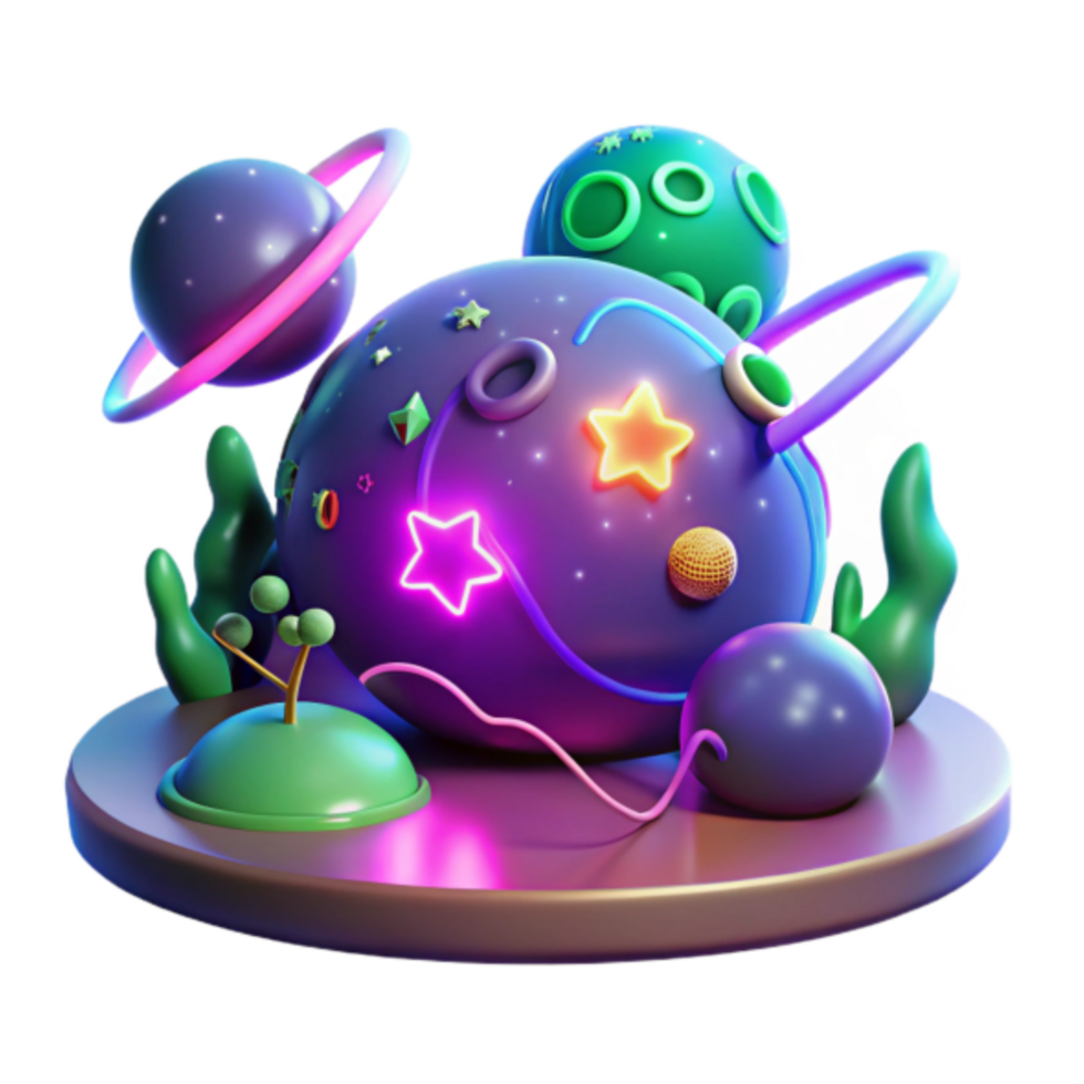 Vibrant Render of a Fantasy Planet with Neon Stars png