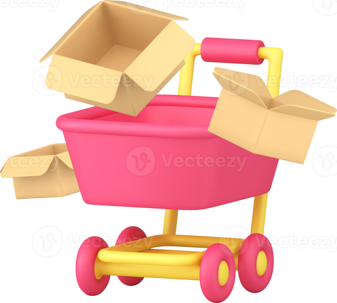 Shopping purchase buying goods trolley and cardboard box 3d icon illustration png