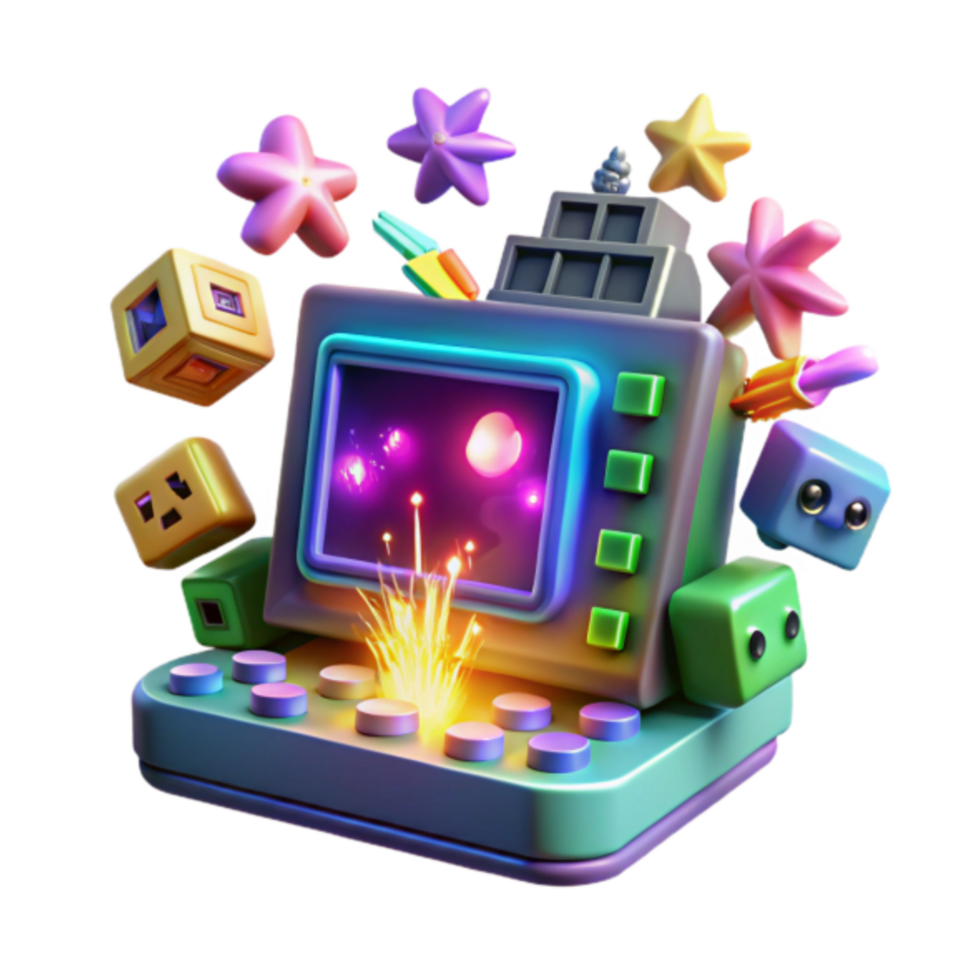 Vibrant Render of Retro Gaming Console with Colorful Explosions and Fun Shapes png