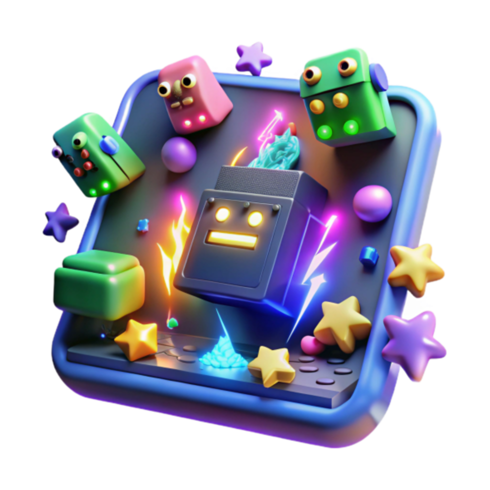 Vibrant Render of Playful Robots and Stars on a Colorful App Icon png