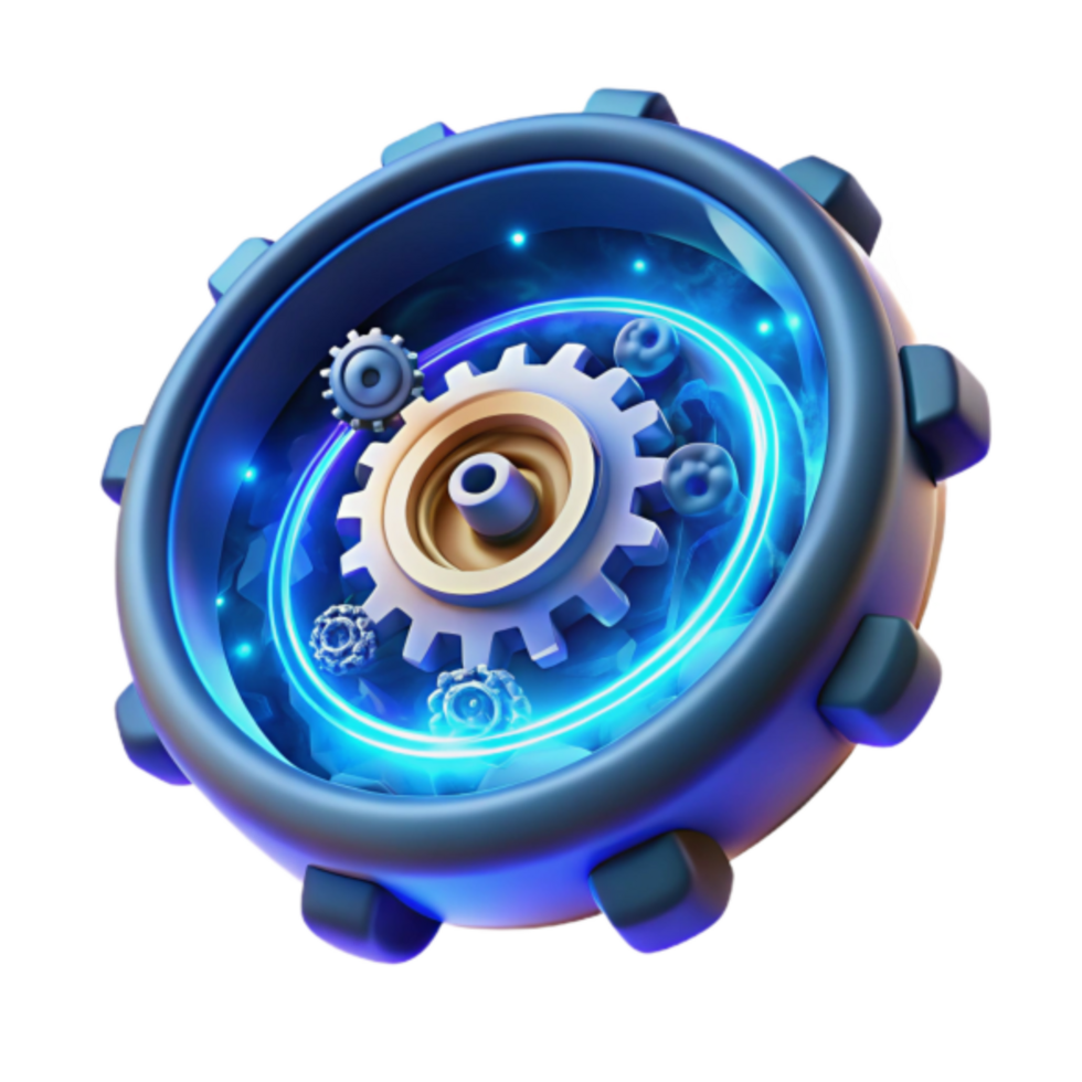 Render of Glowing Blue Gears and Cogs in a Circular Mechanism png